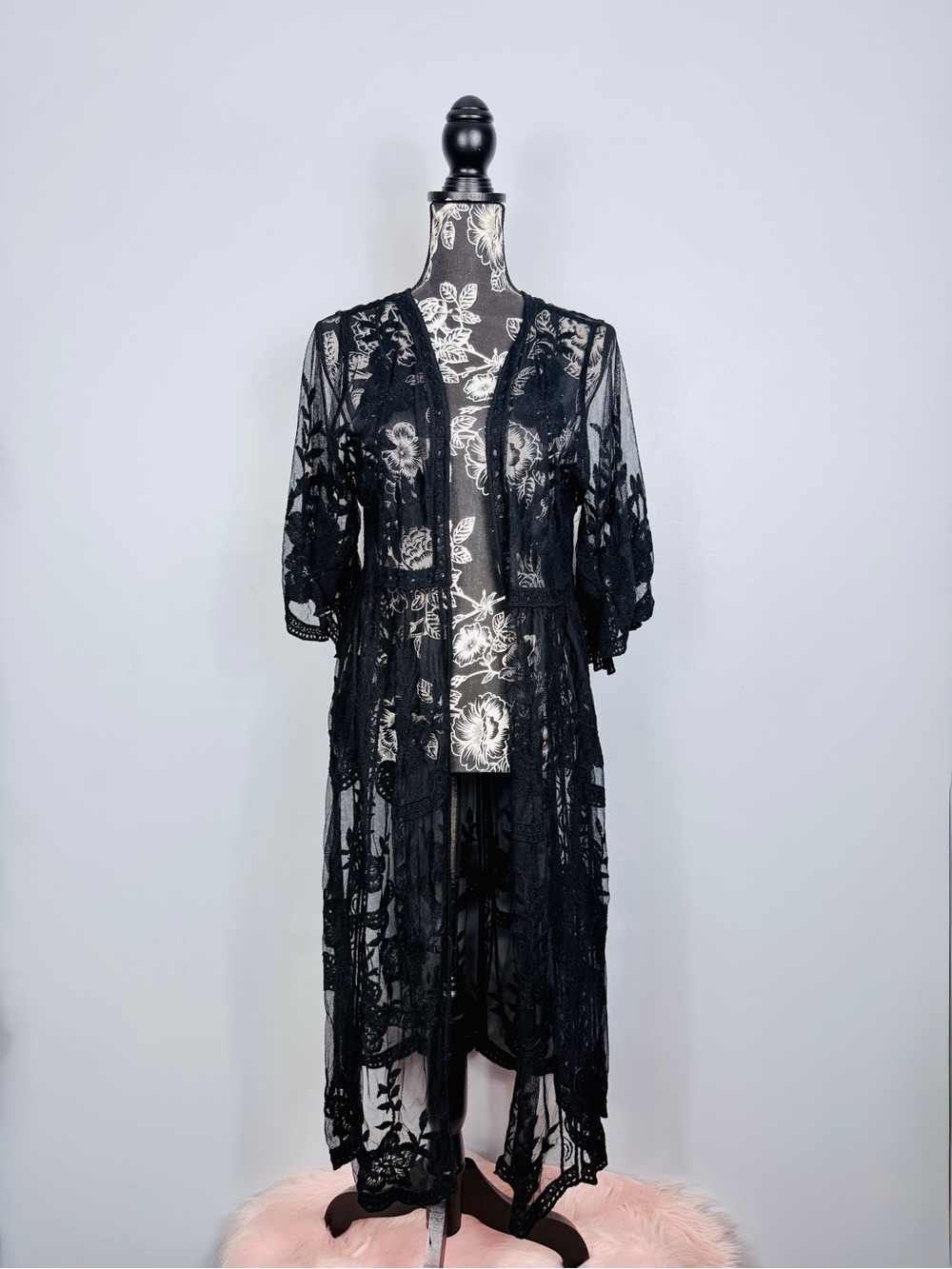 Rachel Zoe black sheer floral lace quarter bell sleeve kimono duster one size